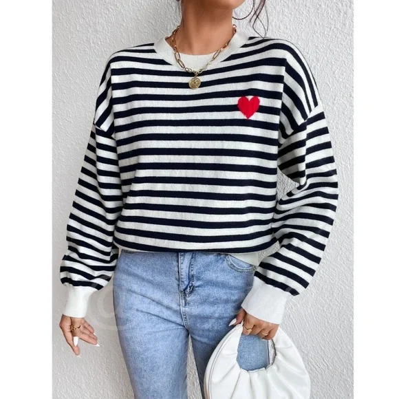 Striped Navy and White with Red Heart Pullover Knit Sweater Crewneck - Picture 1 of 9